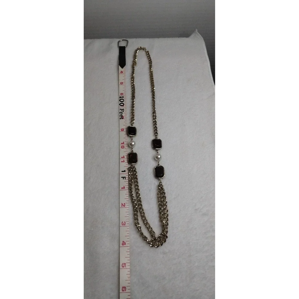 Gold Tone Long Layered Chain Necklace‎ Black Resin Faux Pearl Accents 44 Inch